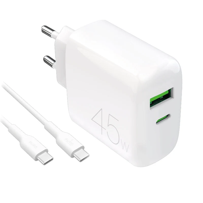 PURO Kit Caricabatterie Pro Lite PUTCUSBAC45WDYKCCWHI 45W USB-C Power Delivery + USB-A con Cavo USB-C 1,2 m Bianco