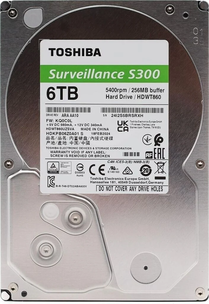Toshiba S300 HDD Interno per Sorveglianza 6TB 3.5" SATA 5400RPM 256MB 180TB/anno HDWT860UZSVA