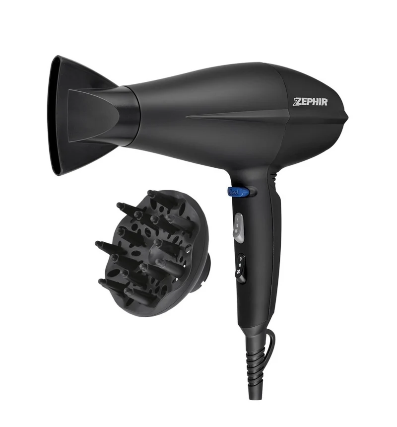 Zephir Asciugacapelli Professionale ZHB2002 2200W Motore AC 2 Velocità 3 Temperature con Concentratore e Diffusore Nero
