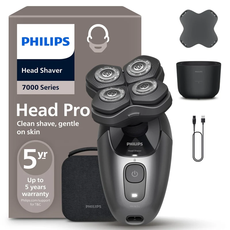 Philips Rasoio per Testa Head Shaver Pro Serie 7000 HS7980/15 - Testina 360°, Lame ComfortCut, 90 min Autonomia, IPX7, Nero