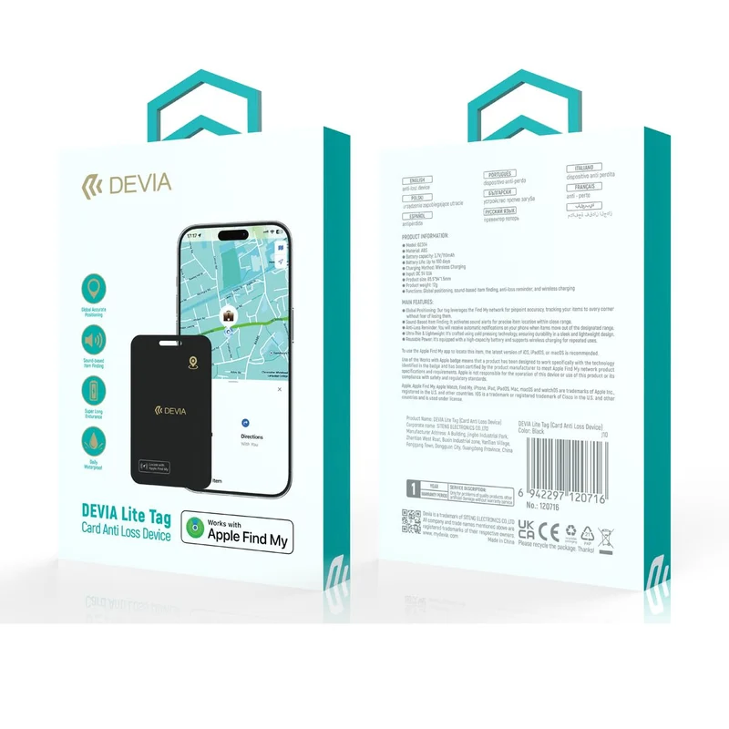 Devia Lite Tag G2304 Localizzatore Anti-Smarrimento Formato Tessera 1,5mm Compatibile Apple Find My Nero