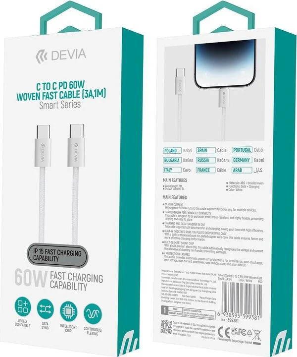 Devia Cavo USB-C a USB-C 60W 3A 1m Certificato GRS PD