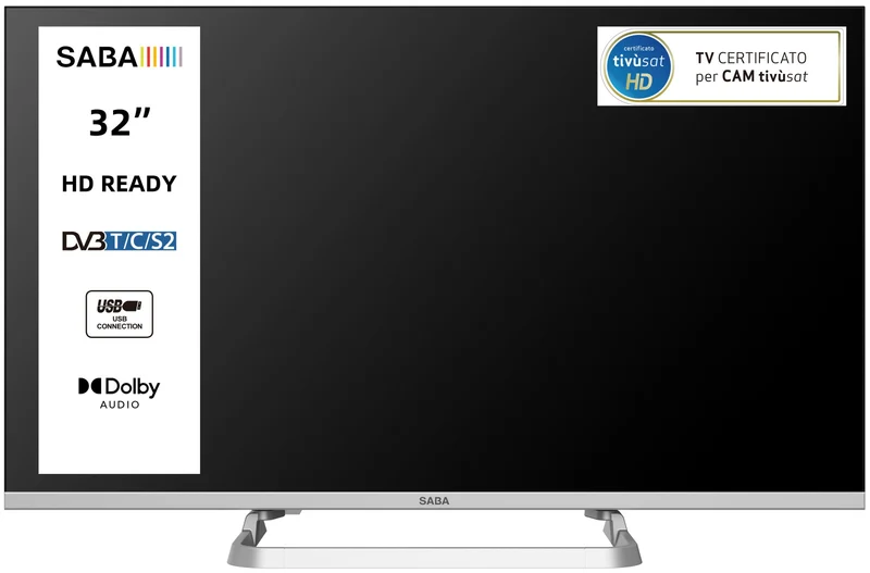 SABA SA32M10 TV LED 32" HD Ready Triplo Tuner DVB-T2/C/S2 HEVC Main 10 Certificato TivùSat Dolby Audio