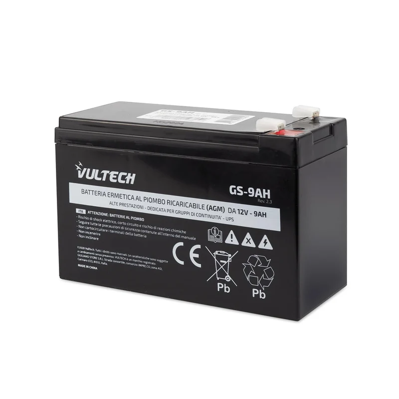 VulTech Batteria AGM VRLA Ermetica al Piombo 12V 9Ah Faston F2 per UPS, Allarmi, Videosorveglianza, Bici Elettriche