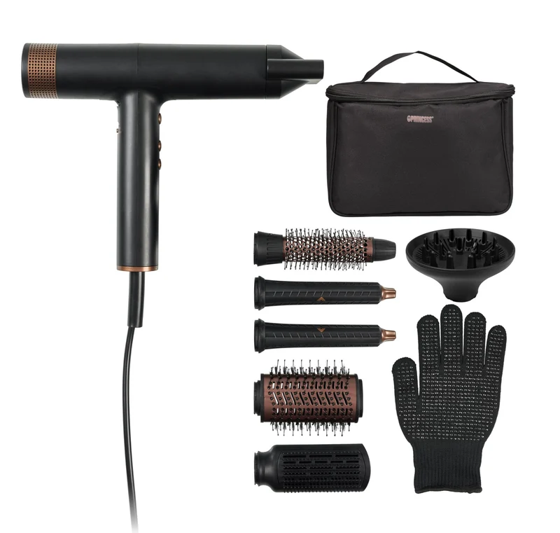 Princess Airstyler Pro 529205 Asciugacapelli 7-in-1 2000W Motore BLDC Funzione Ionica 3 Velocità 7 Accessori Nero