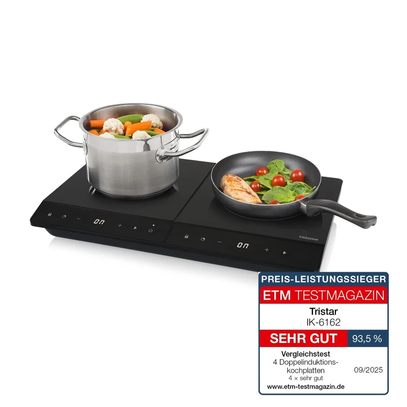 Tristar Piano Cottura a Induzione Doppio Indipendente IK-6162, 3500W, 2 Zone ⌀19/⌀16 cm, 10 Livelli di Potenza, Timer 180 min, Protezione Surriscaldamento