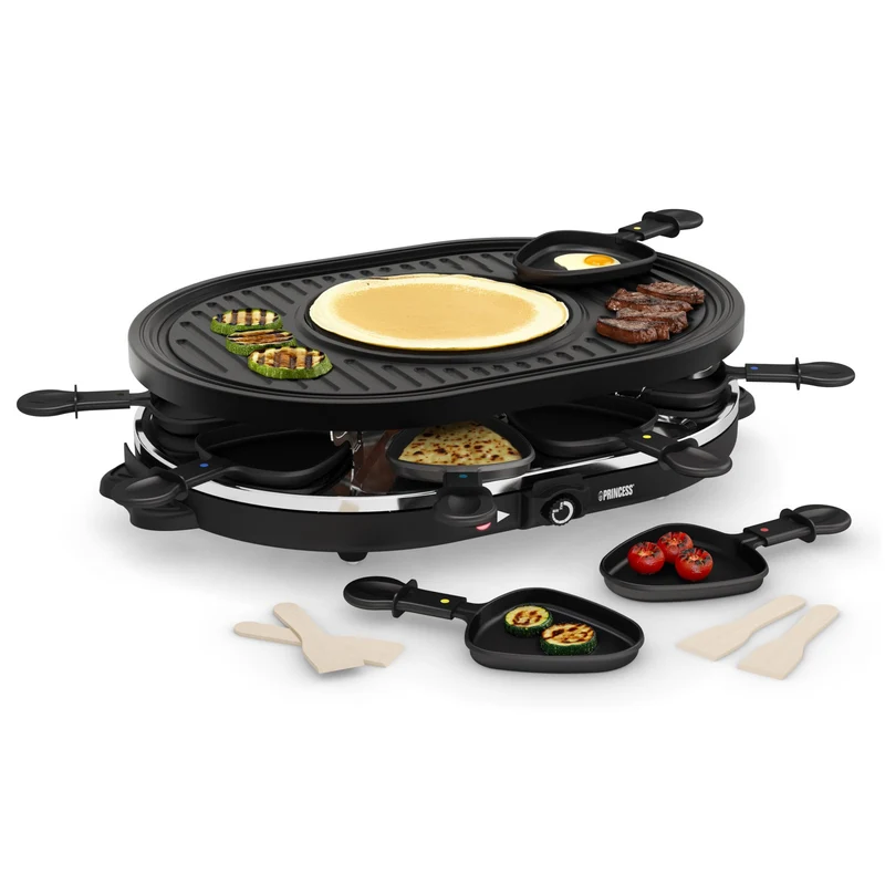 Princess Raclette Grill Party Ovale 162700 – 8 Persone, 5 in 1, 1200W, Antiaderente, Lavastoviglie