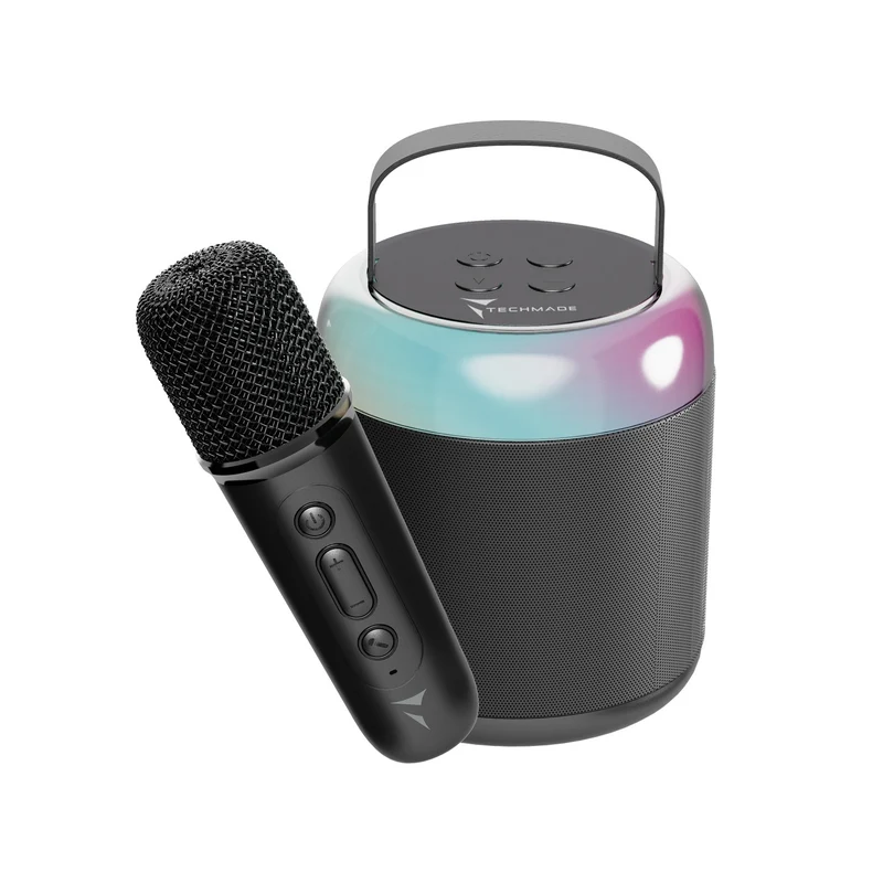 Techmade Altoparlante Karaoke Portatile TM-K2-BK Bluetooth 5.1 5W con Microfono Luci LED Radio FM Slot MicroSD Nero