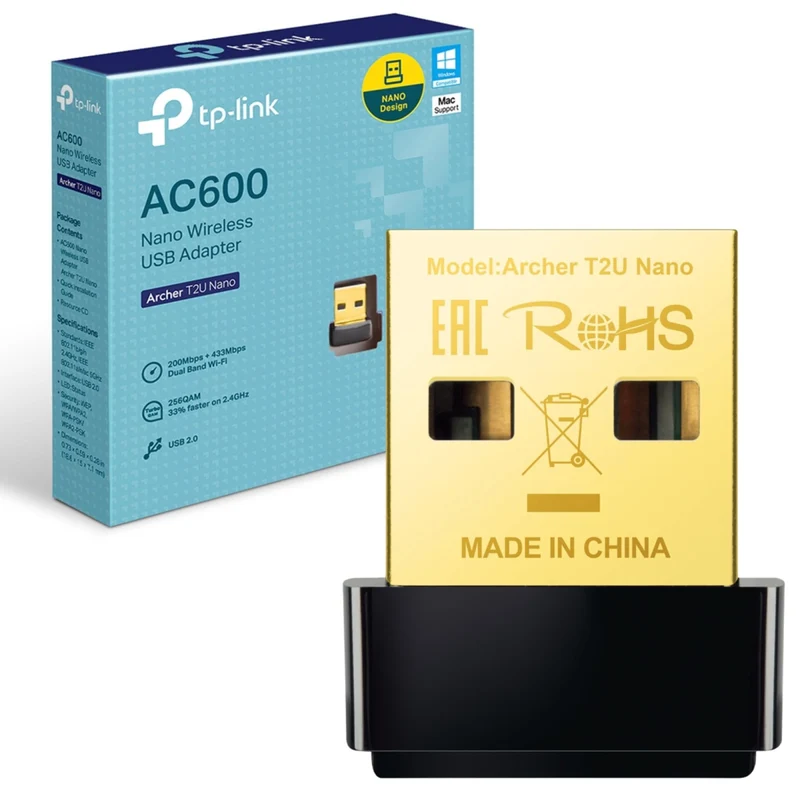 TP-Link Adattatore USB Wi-Fi Archer T2U Nano AC600 Dual Band 2.4/5 GHz 433 Mbit/s USB 2.0 Nero