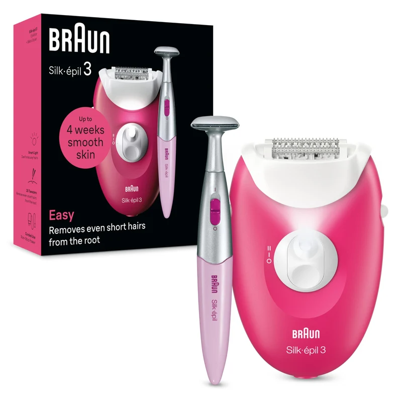 Braun Silk-épil 3 Epilatore Elettrico con Filo SE3-031, 20 Pinzette, 2 Velocità, SmartLight, Testina Rasoio e Pettine Regolatore, Rosa
