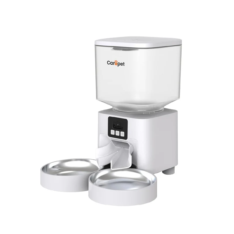 Carepet Distributore Automatico Cibo W01K-2 4,5L Doppia Ciotola Acciaio Inox, Cibo Secco 3-13mm, App, Cane e Gatto