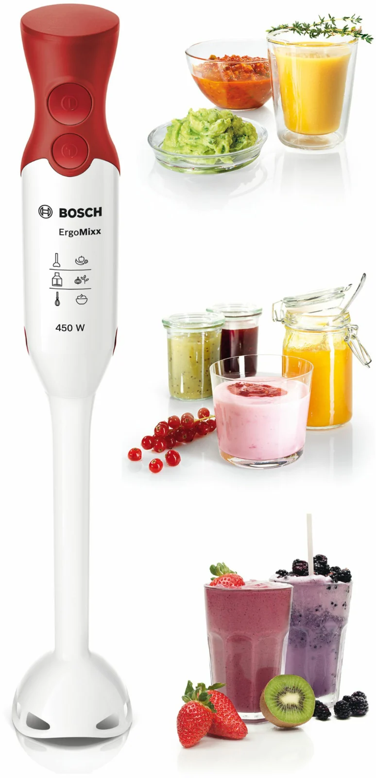Bosch ErgoMixx MSM64010 Frullatore ad Immersione 450W 2 Velocità Bianco e Rosso