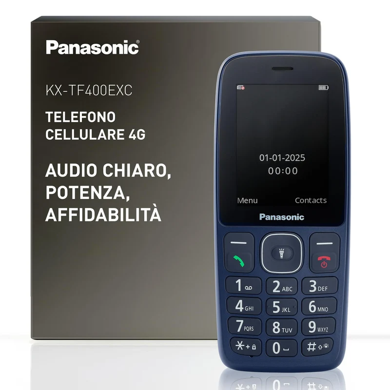 Panasonic KX-TF400EXC Telefono Cellulare Basic 4G VoLTE, Display 2,4'', Bluetooth, USB-C, IP44, Blu