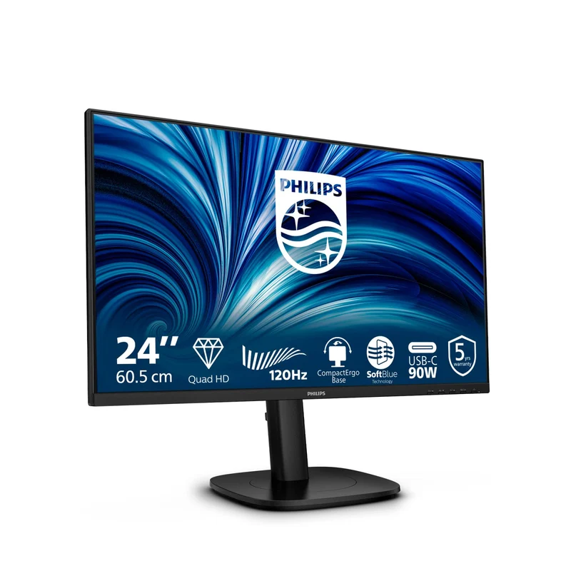 Philips Monitor 24B2U3601 23,8" IPS QHD 2560x1440 120Hz 4ms USB-C Docking HDMI DisplayPort RJ45 Altoparlanti Regolazione Altezza Nero