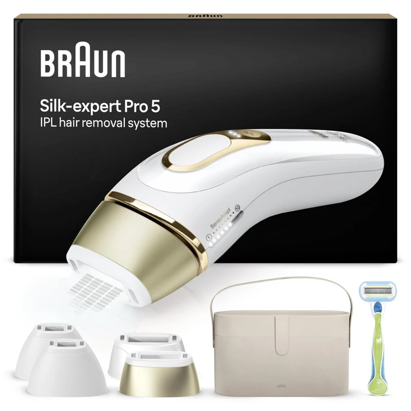 Braun Silk Expert Pro 5 PL5431 Dispositivo IPL per Depilazione Viso e Corpo, 400000 Impulsi, 3 Intensità, 4 Testine, Bianco/Oro