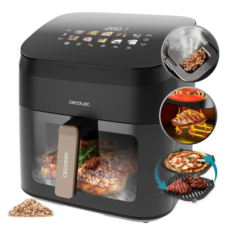 Cecotec Friggitrice ad Aria Cecofry&Grill Smokin' 8500 8,5 L 2200 W Grill Affumicatore Doppia Resistenza 10 Menu Nero/Marrone