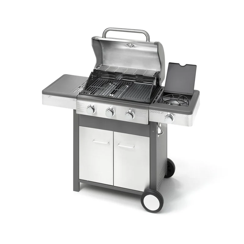 Ompagrill Indianapolis 4B Barbecue a Gas 3 Bruciatori con Fornello Laterale, Griglia Ghisa Smaltata, Acciaio Inox, 12,95 kW, 126x58x115,5 cm
