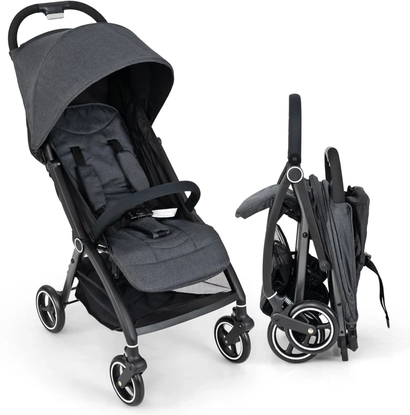 Passeggino Leggero per Bambini, Passeggino Pieghevole con Schienale Regolabile, Tettuccio, Cintura di Sicurezza a 5 Punti, Cestello Portaoggetti, per Bambini 0-36 Mesi (Grigio)