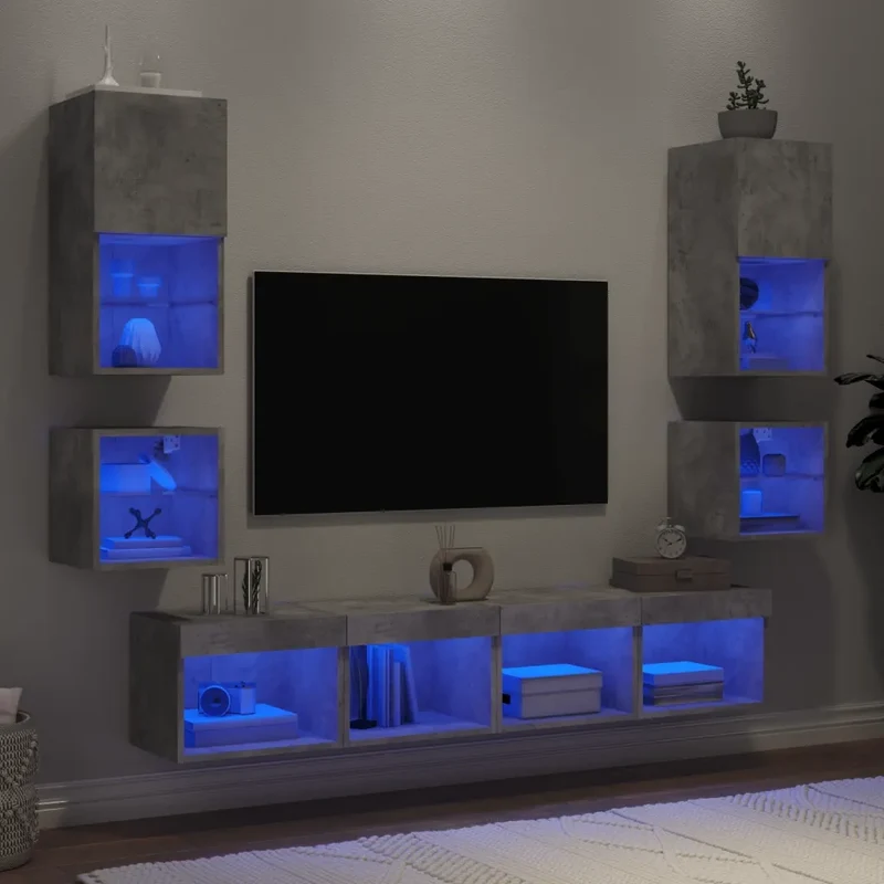 Mobili TV a Muro con LED 8pz Grigio Cemento Legno Multistrato 3216593