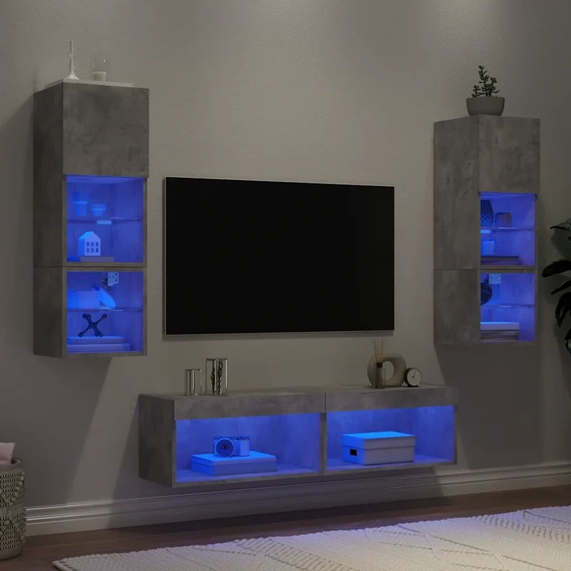 Mobili TV a Muro con LED 6pz Grigio Cemento Legno Multistrato 3216618