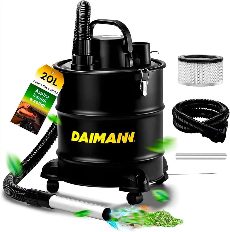 Bidone Aspiratutto 20L 800W con Filtro HEPA e Tubo Metallico per Camino e Stufa