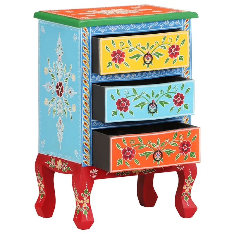 Comodino Dipinto a Mano 40x30x60 cm in Legno Massello di Mango 321667
